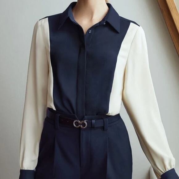 MOTF straight fit two tone shirt navy and cream size large - Picture 1 of 9